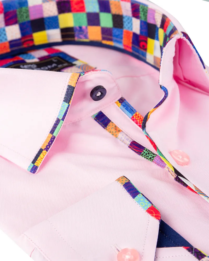 Pink Fashion Shirt with Multicolour Collar Tip Design-Makrom