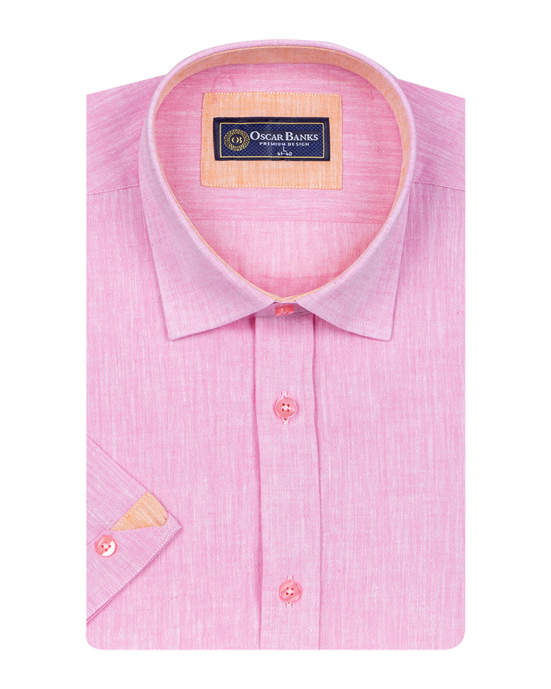 Pink Linen Plain Short Sleeve Shirt-Makrom