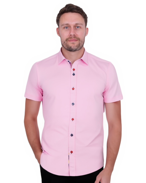 Pink Plain Colourful Buttons Short Sleeve Shirt-Makrom
