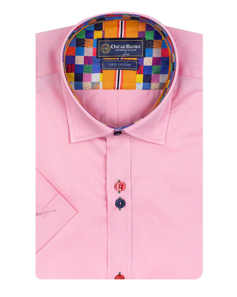 Pink Plain Colourful Buttons Short Sleeve Shirt-Makrom
