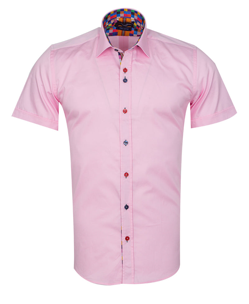 Pink Plain Colourful Buttons Short Sleeve Shirt-Makrom