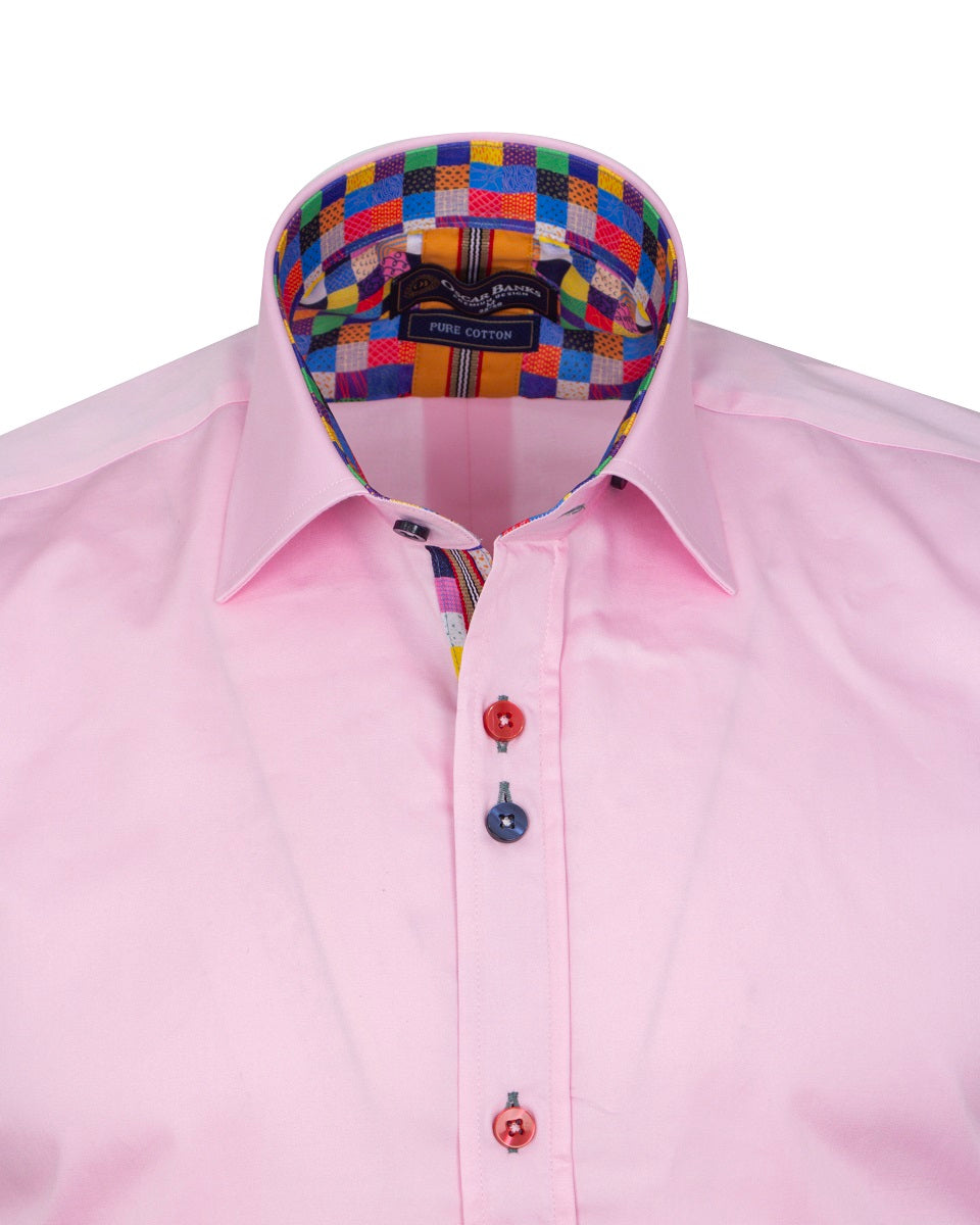 Pink Plain Colourful Buttons Short Sleeve Shirt-Makrom
