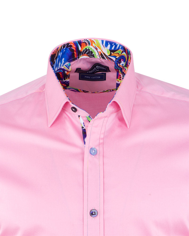 Pink Plain Colourful Stitching & Button Pure Cotton Shirt-Makrom