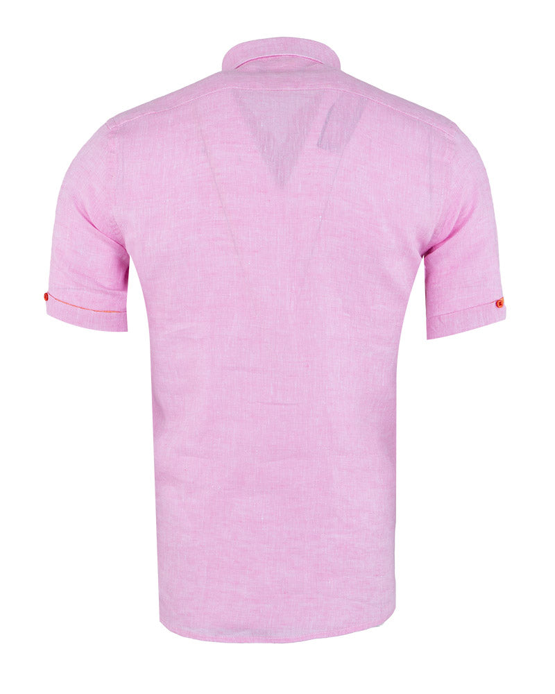 Pink Plain Linen Short Sleeve Shirt-Makrom