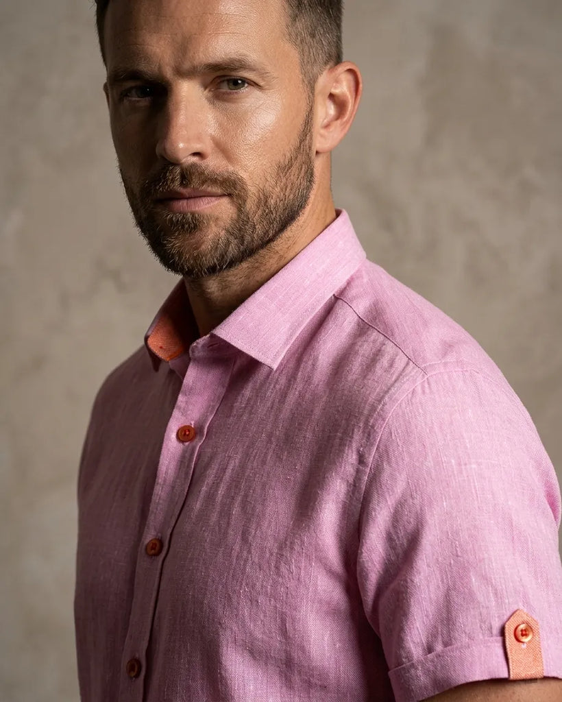 Pink Plain Linen Short Sleeve Shirt