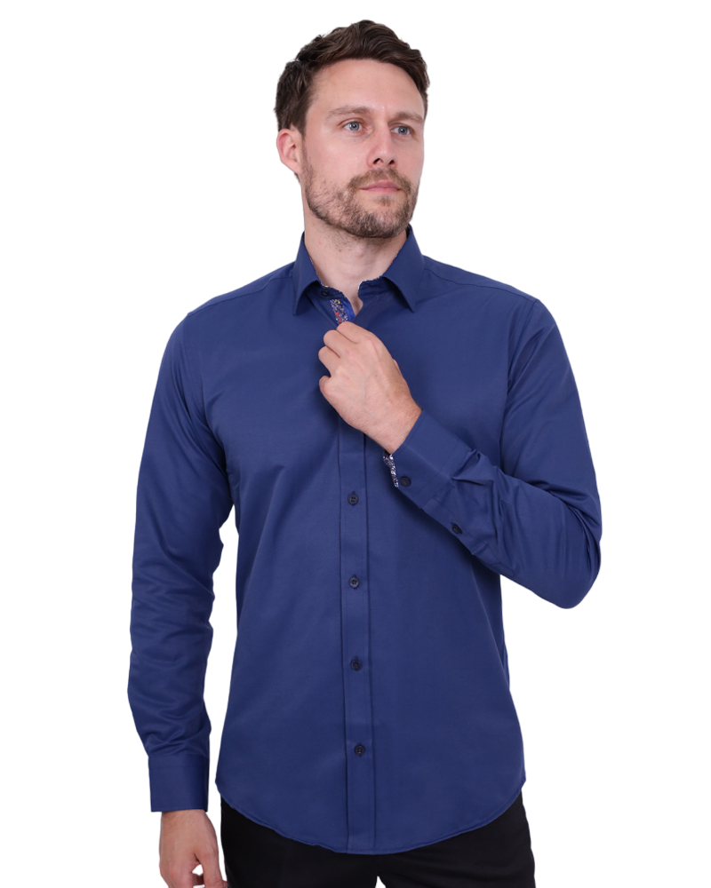 Plain Dark Blue Shirt with Floral Insert Design Shirt-Makrom