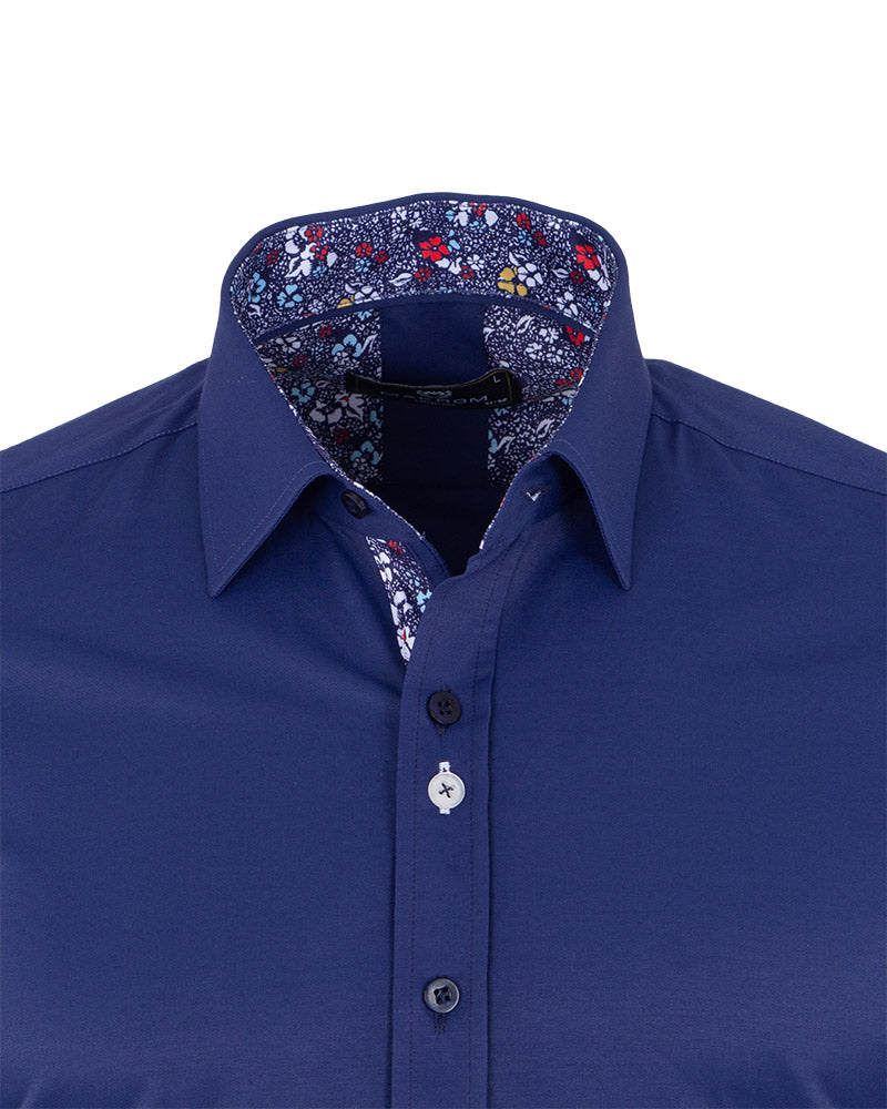 Plain Dark Blue Shirt with Floral Insert Design Shirt-Makrom