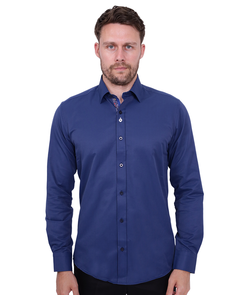 Plain Dark Blue Shirt with Floral Insert Design Shirt-Makrom
