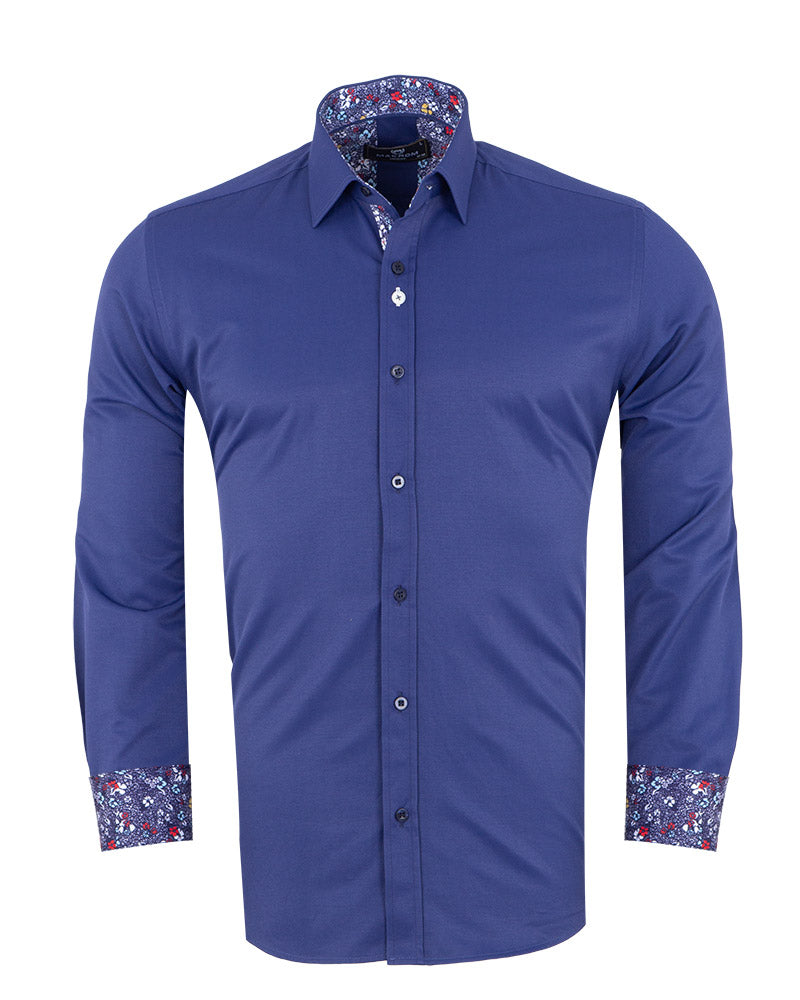 Plain Dark Blue Shirt with Floral Insert Design Shirt-Makrom