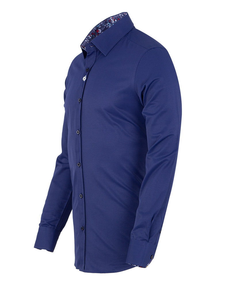 Plain Dark Blue Shirt with Floral Insert Design Shirt-Makrom