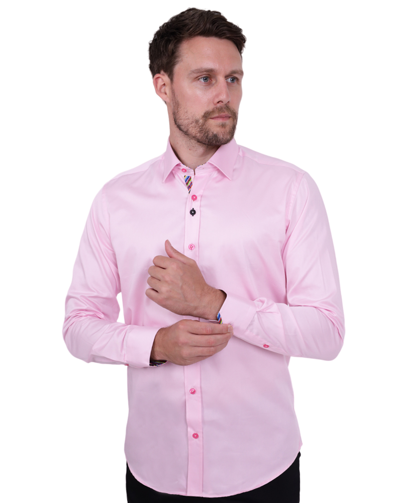 Plain Pink Shirt with Colourful Stripe Insert Shirt-Makrom