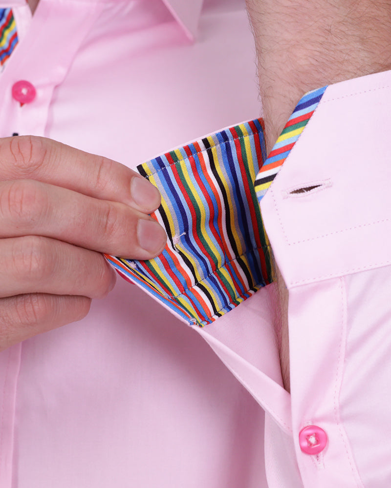 Plain Pink Shirt with Colourful Stripe Insert Shirt-Makrom
