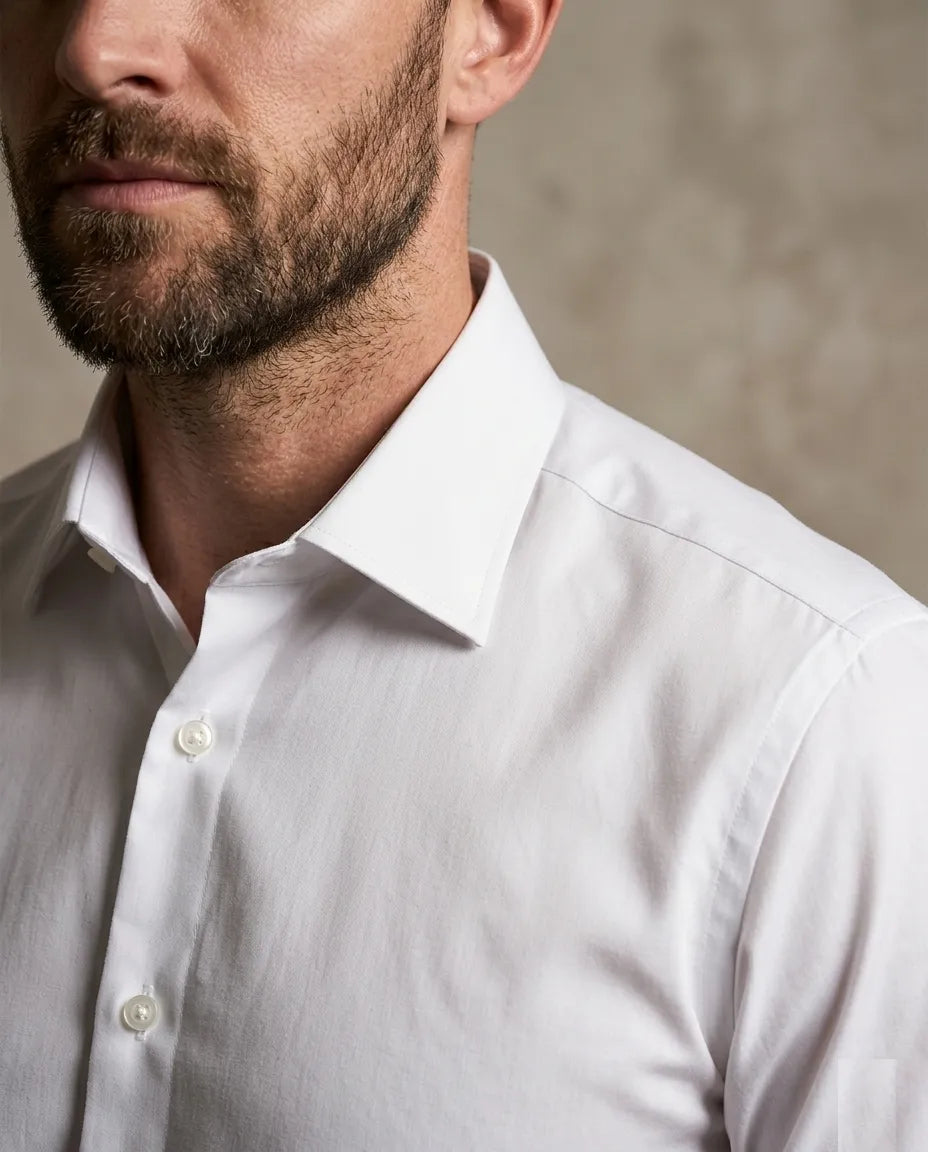 Close-up of a man wearing a white dress shirt against a neutral background