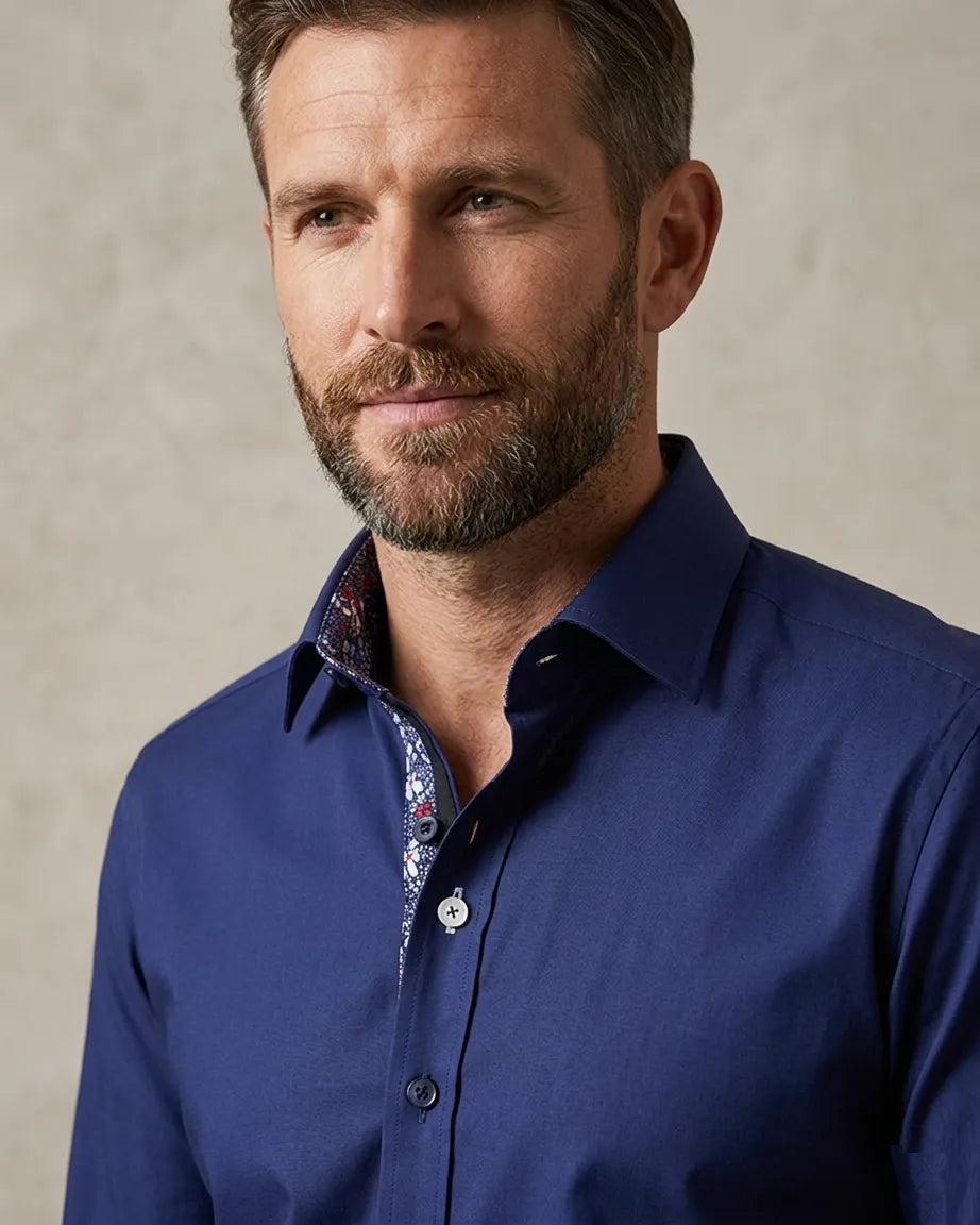 Plain Dark Blue Shirt with Floral Insert Design Shirt