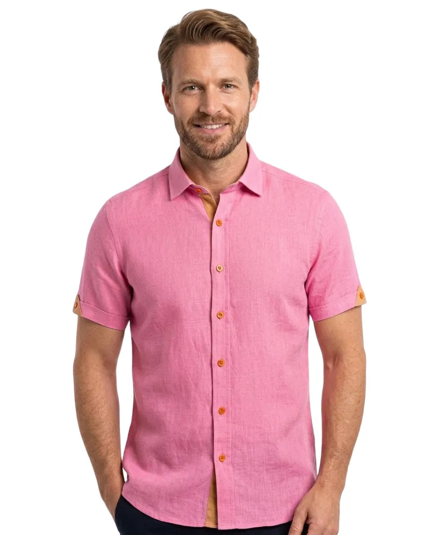 Plain Fuschia Linen Short Sleeve Shirt