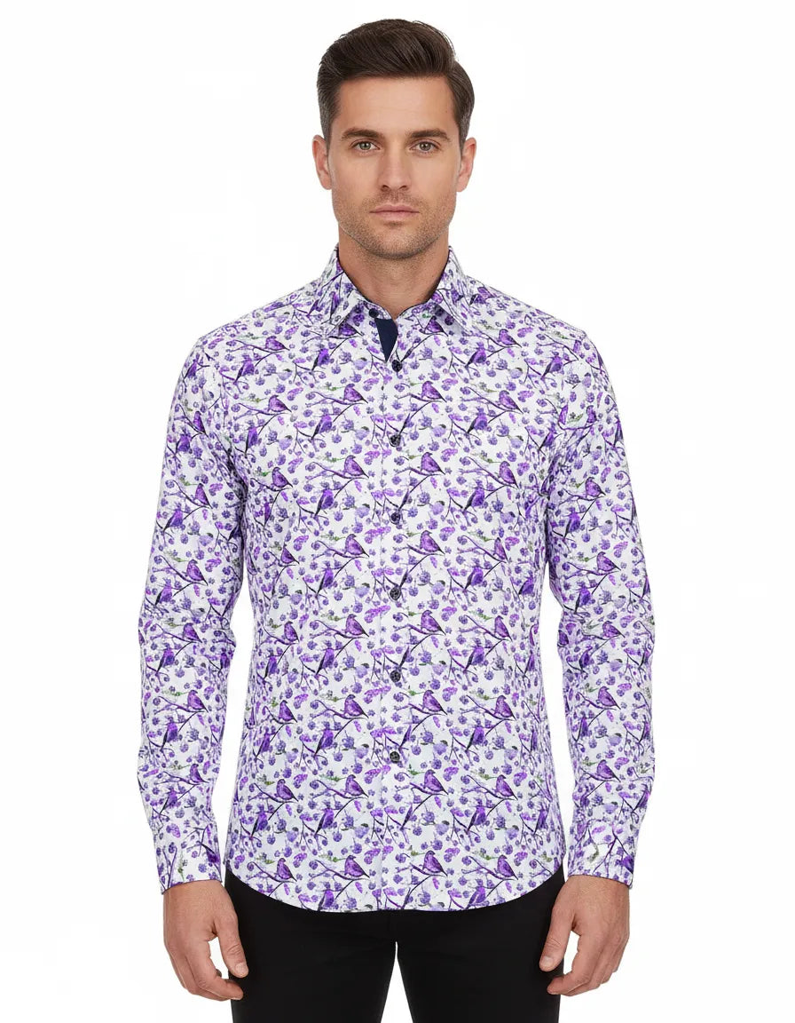Purple Birds in Tree Print Long Sleeve Shirt-Makrom