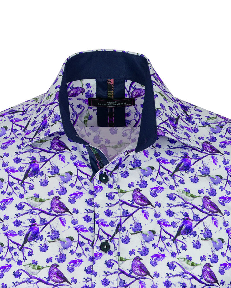Purple Birds in Tree Print Long Sleeve Shirt-Makrom