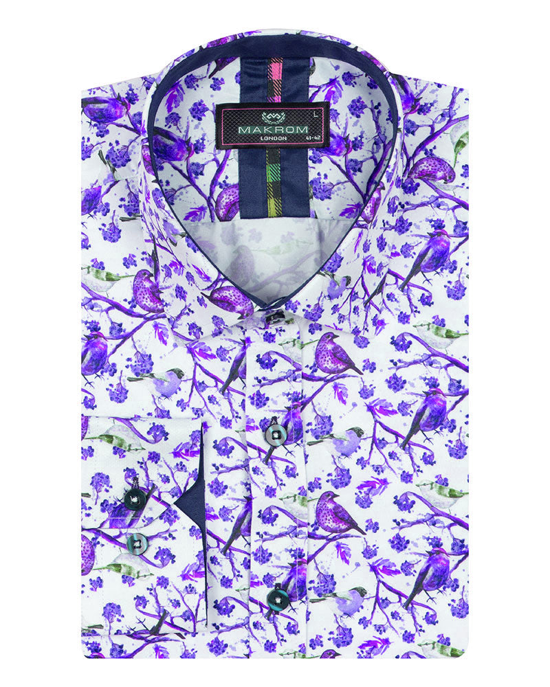 Purple Birds in Tree Print Long Sleeve Shirt-Makrom