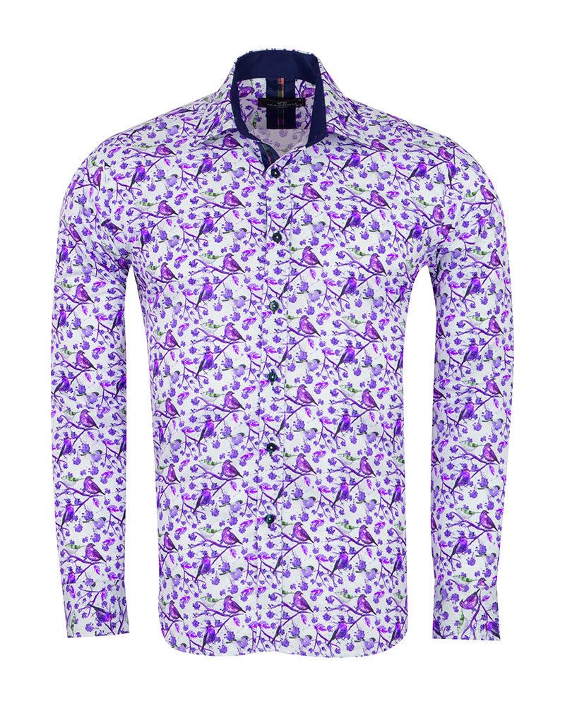 Purple Birds in Tree Print Long Sleeve Shirt-Makrom