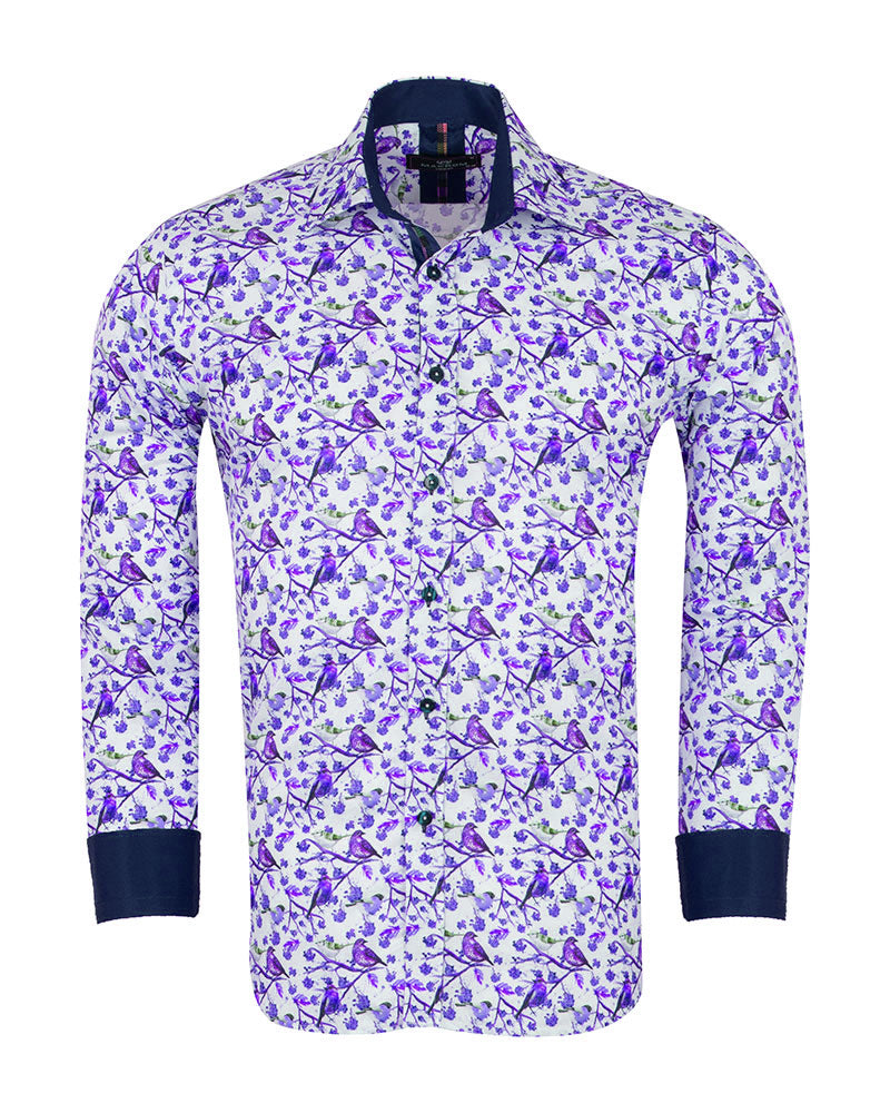 Purple Birds in Tree Print Long Sleeve Shirt-Makrom