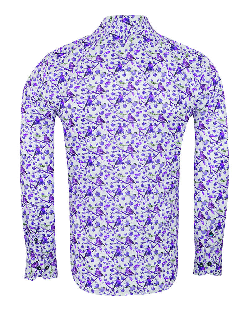 Purple Birds in Tree Print Long Sleeve Shirt-Makrom