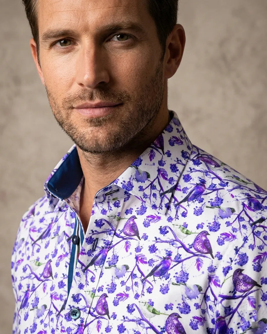 Purple Birds in Tree Print Long Sleeve Shirt