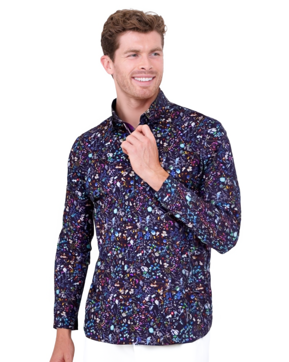 Purple Colourful Floral Print Pure Cotton Shirt-Makrom