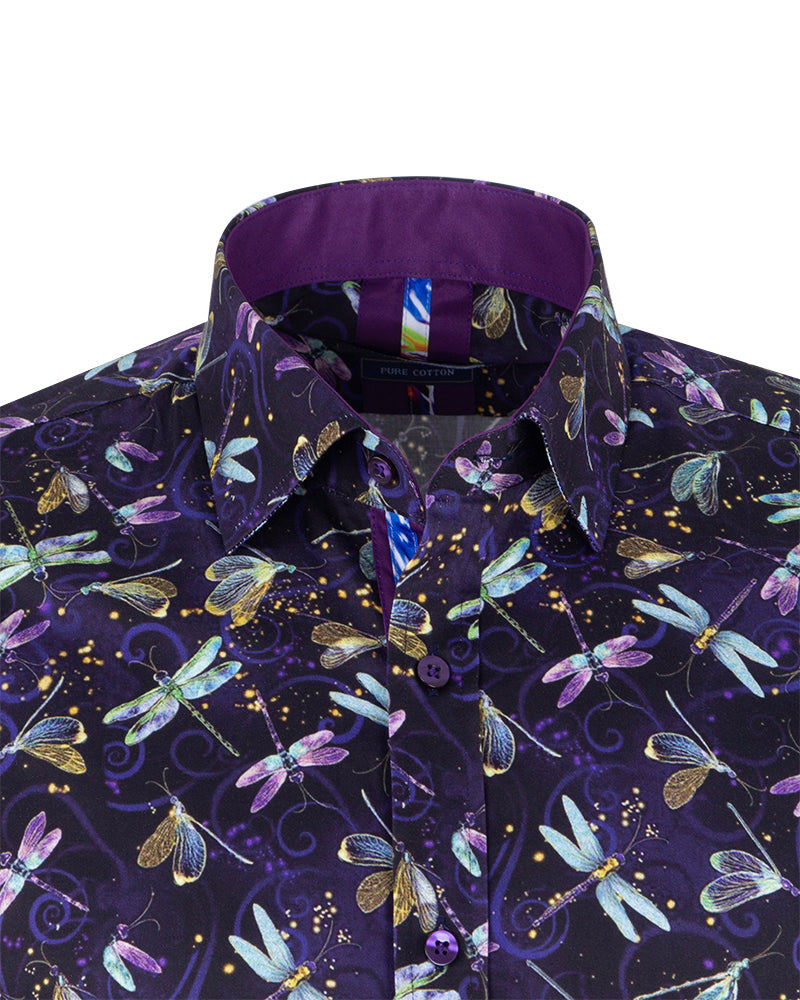 Purple Dragonfly Print Shirt with Matching Handkerchief-Makrom