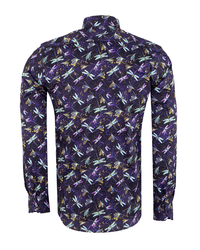 Purple Dragonfly Print Shirt with Matching Handkerchief-Makrom