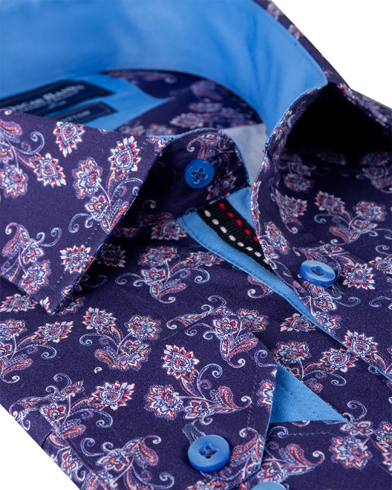 Purple Floral Print Shirt with Matching Handkerchief-Makrom