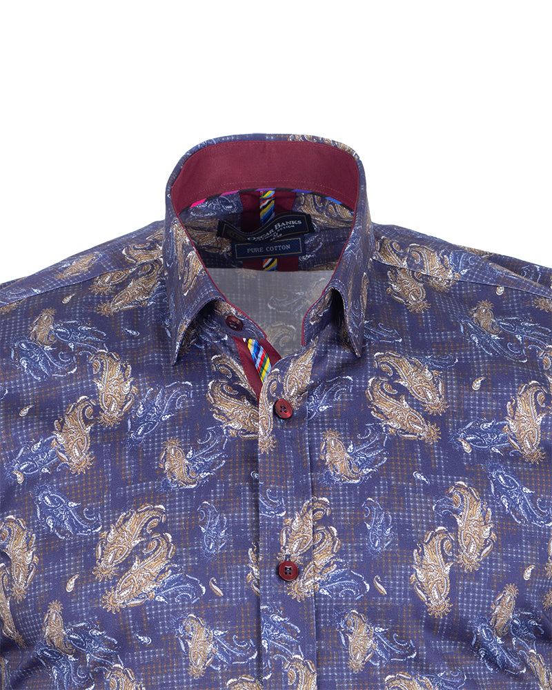 Purple Paisley Print Shirt with Matching Handkerchief-Makrom