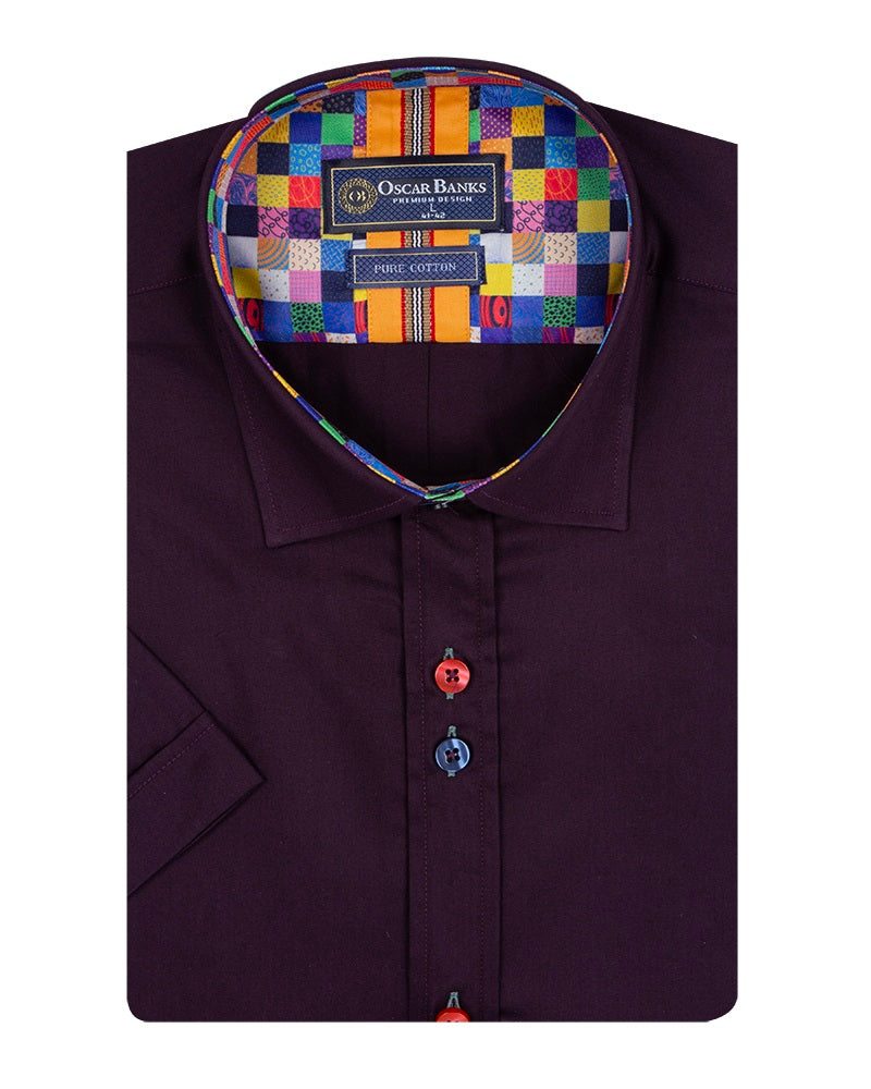 Purple Plain Colourful Buttons Short Sleeve Shirt-Makrom
