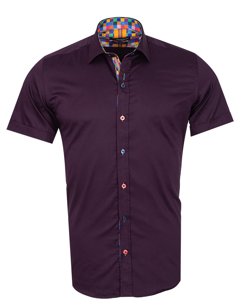 Purple Plain Colourful Buttons Short Sleeve Shirt-Makrom