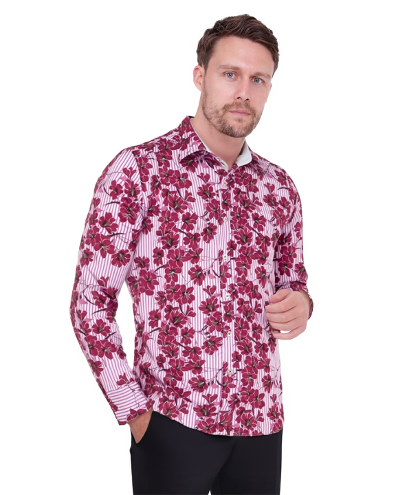Purple Stripe Daisy Floral Print Shirt-Makrom