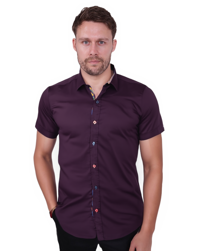 Purple Plain Colourful Buttons Short Sleeve Shirt