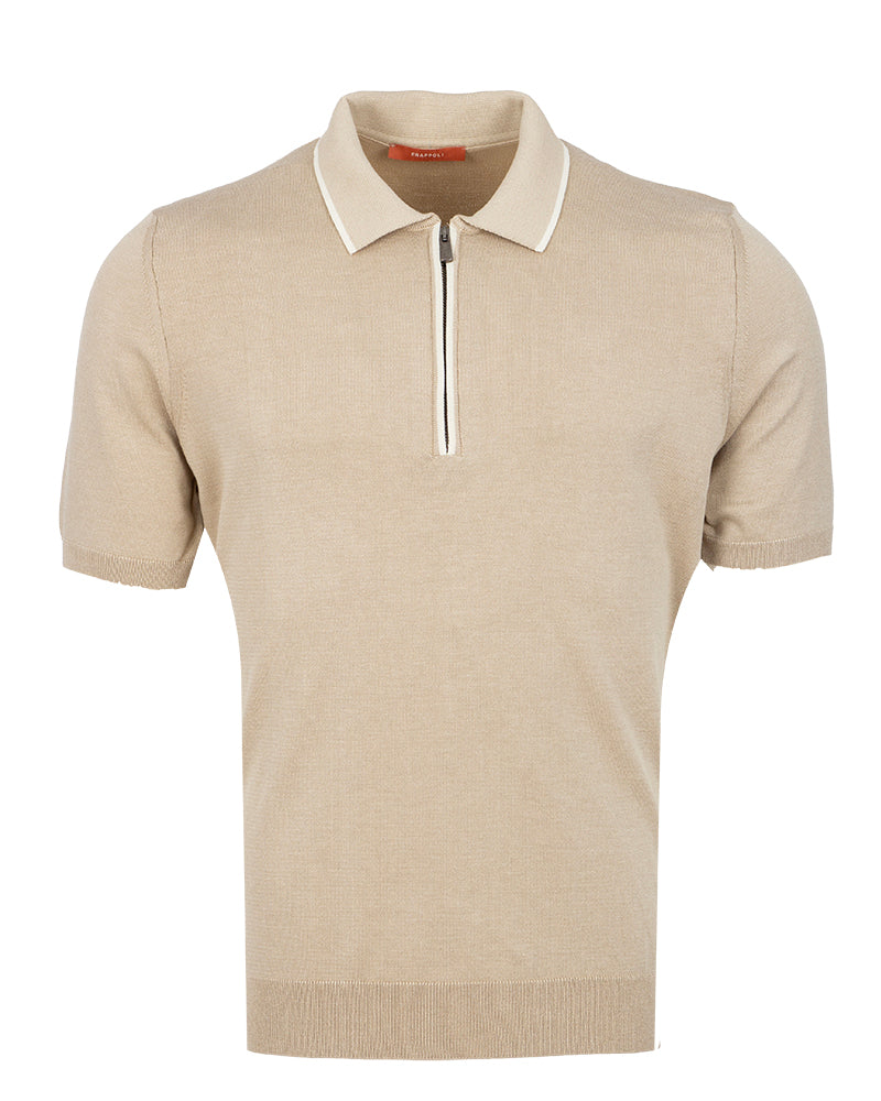 Quarter-Zip Knit Polo Beige Contrasting Collar Tip-Makrom
