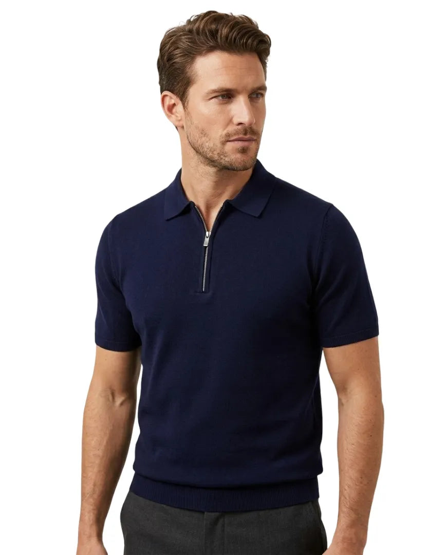 Quarter-Zip Knit Polo Dark Blue-Makrom