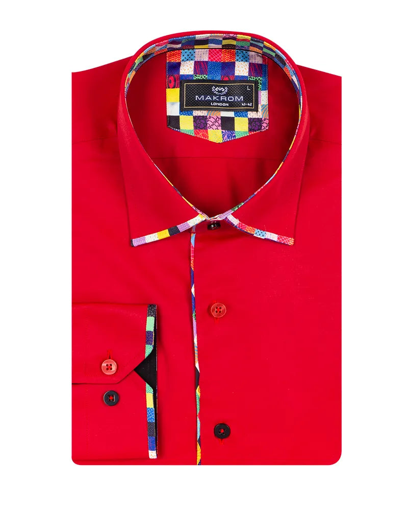 Red Fashion Shirt with Multicolour Collar Tip Design-Makrom