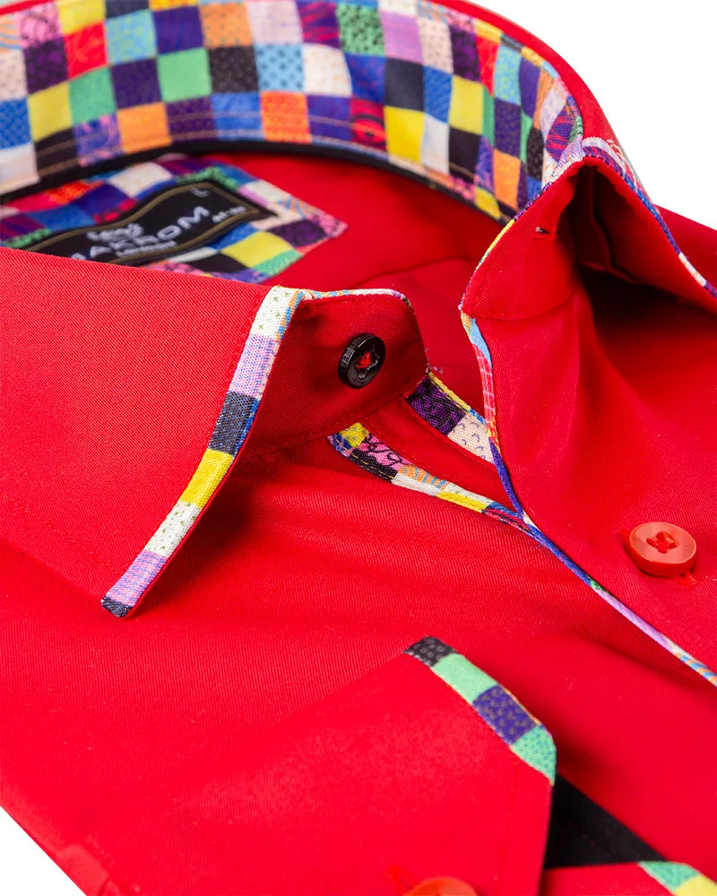 Red Fashion Shirt with Multicolour Collar Tip Design-Makrom