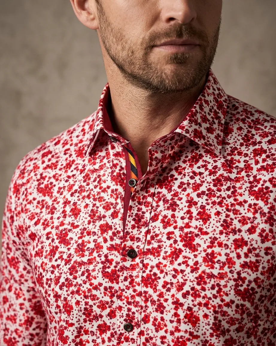 Red Floral Design Print Men's Shirt