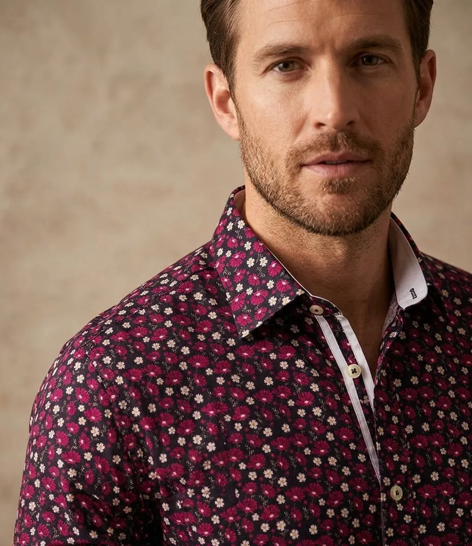 Burgundy Floral Print Men's Shirt with Matching Handkerchief