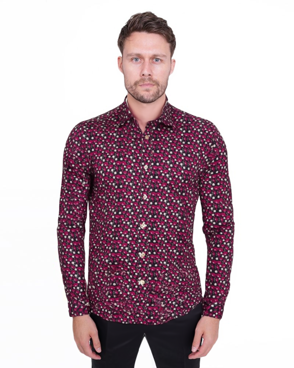 Red Floral Print Men's Shirt with Matching Handkerchief-Makrom