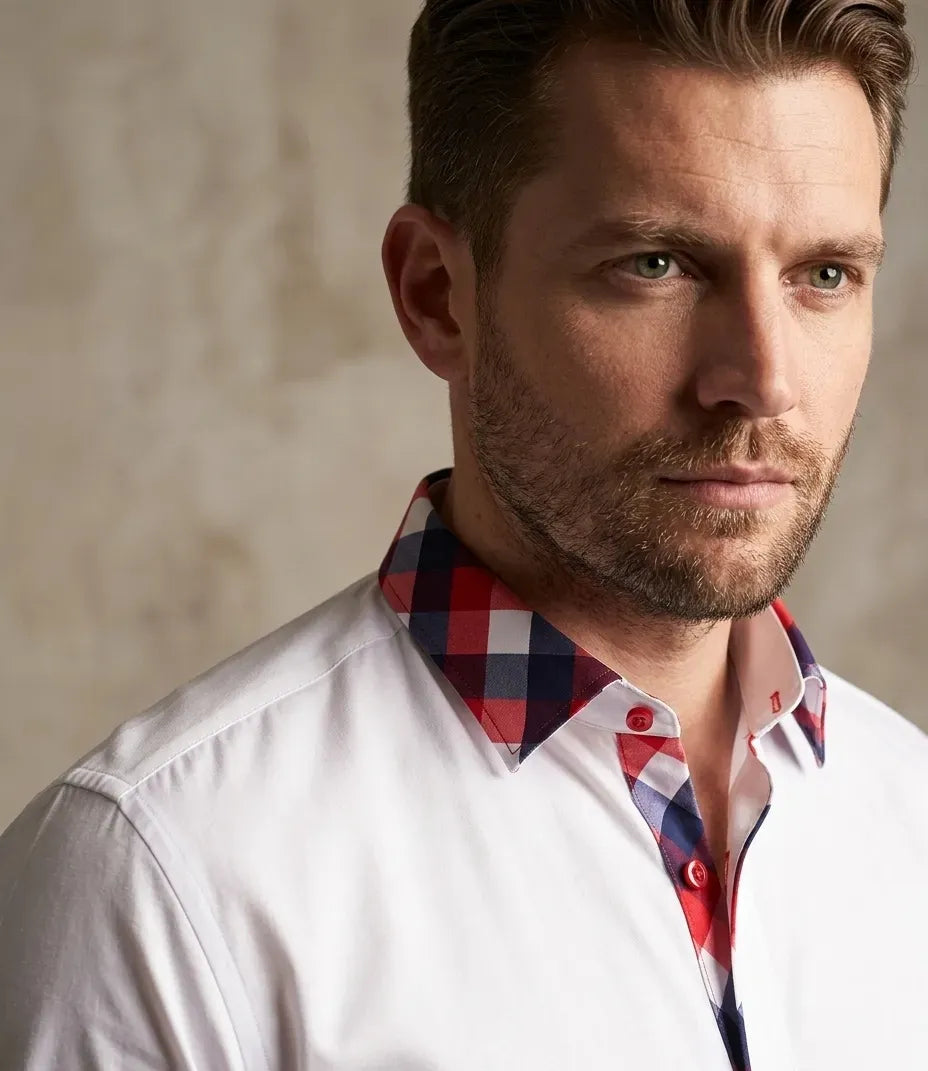 Red Gingham Print Collar Men's Shirt