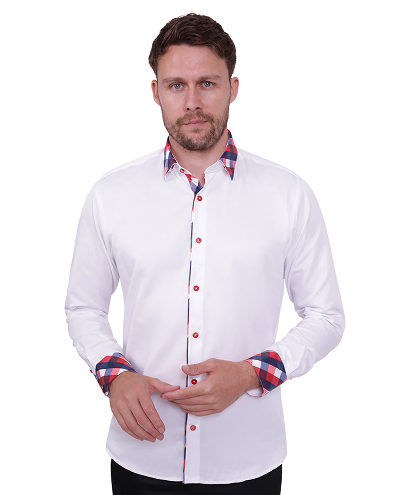 Red Gingham Print Collar Men's Shirt-Makrom