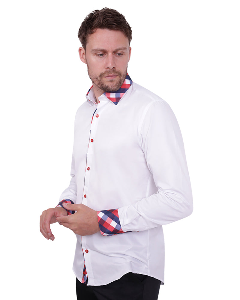 Red Gingham Print Collar Men's Shirt-Makrom