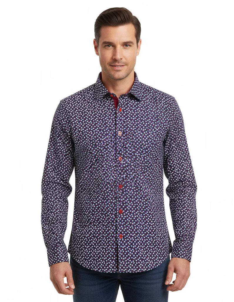 Red Mini Snowflake Print Men's Shirt-Makrom