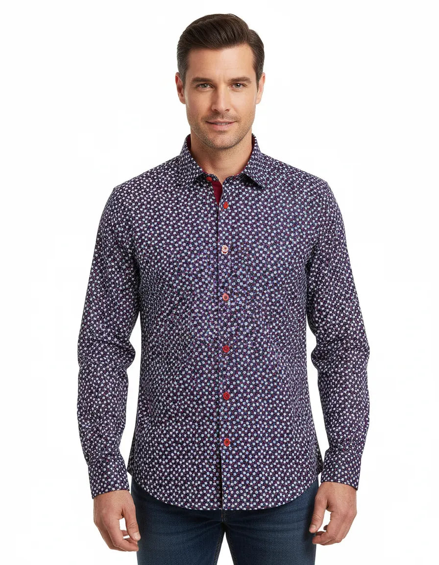 Red Mini Snowflake Print Men's Shirt-Makrom