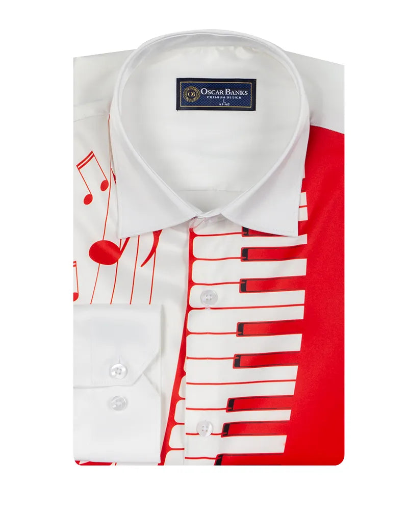 Red Musical Print Satin Men`s Shirt-Makrom