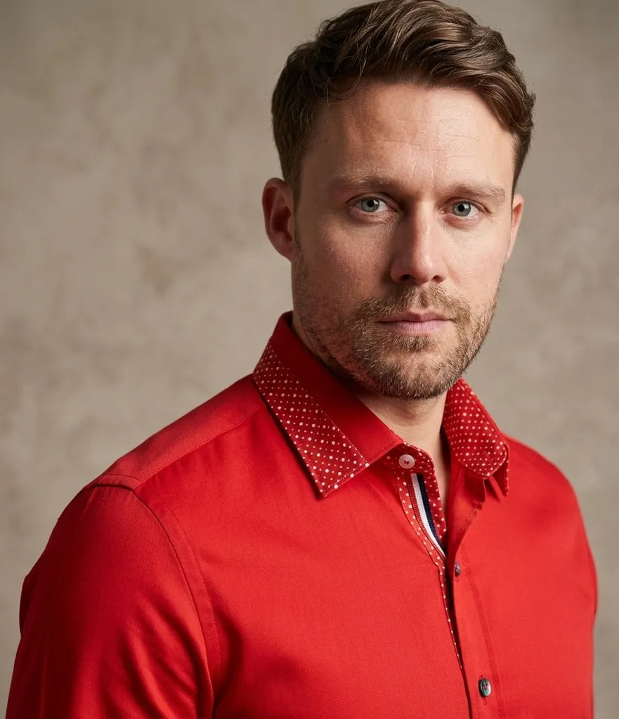 Red Plain Panel Shirt with Dot Print Collar & Cuffs Stitching Design