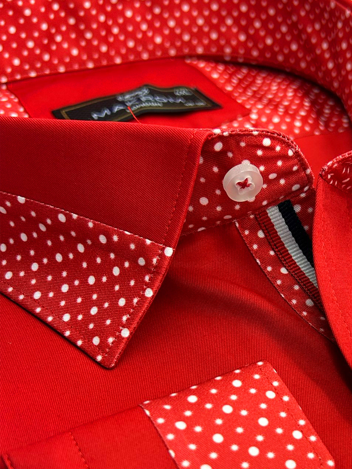 Red Plain Panel Shirt with Dot Print Collar & Cuffs Stitching Design-Makrom